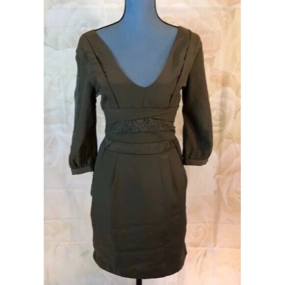 Esley Dress Deep V Neck Ruched Tiered Waist lace Trim Gray Small